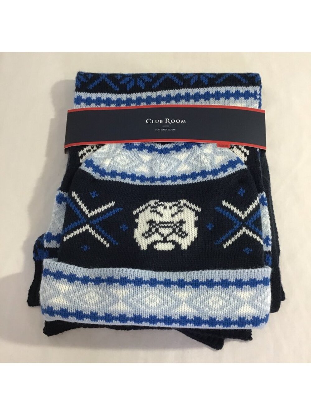 New Club Room Bulldog Print Hat and Scarf Acrylic Blue Men's One Size